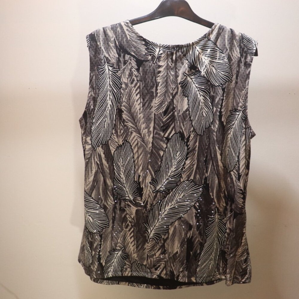 Alfani Large Black Tan Feather Pattern Shirt Sleeveless Size 2X - Picture 3 of 7